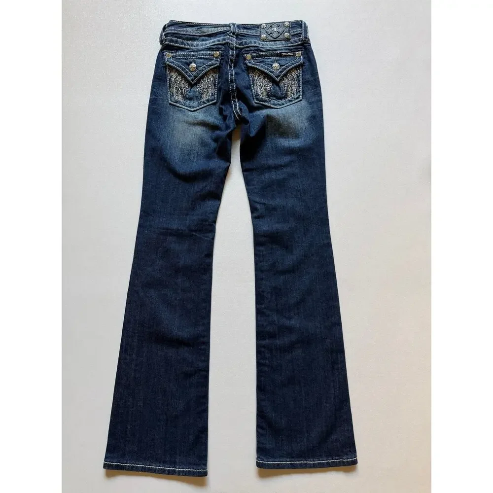Miss Me Dark Blue Mid-Rise Angel Wing Flap Pocket Bootcut Jeans 16 Girls'/Youth